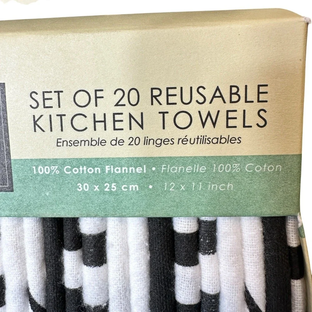 Ciroa Go Eco Reusable Kitchen Towels Set of 20 Cotton Flannel Black White NWT